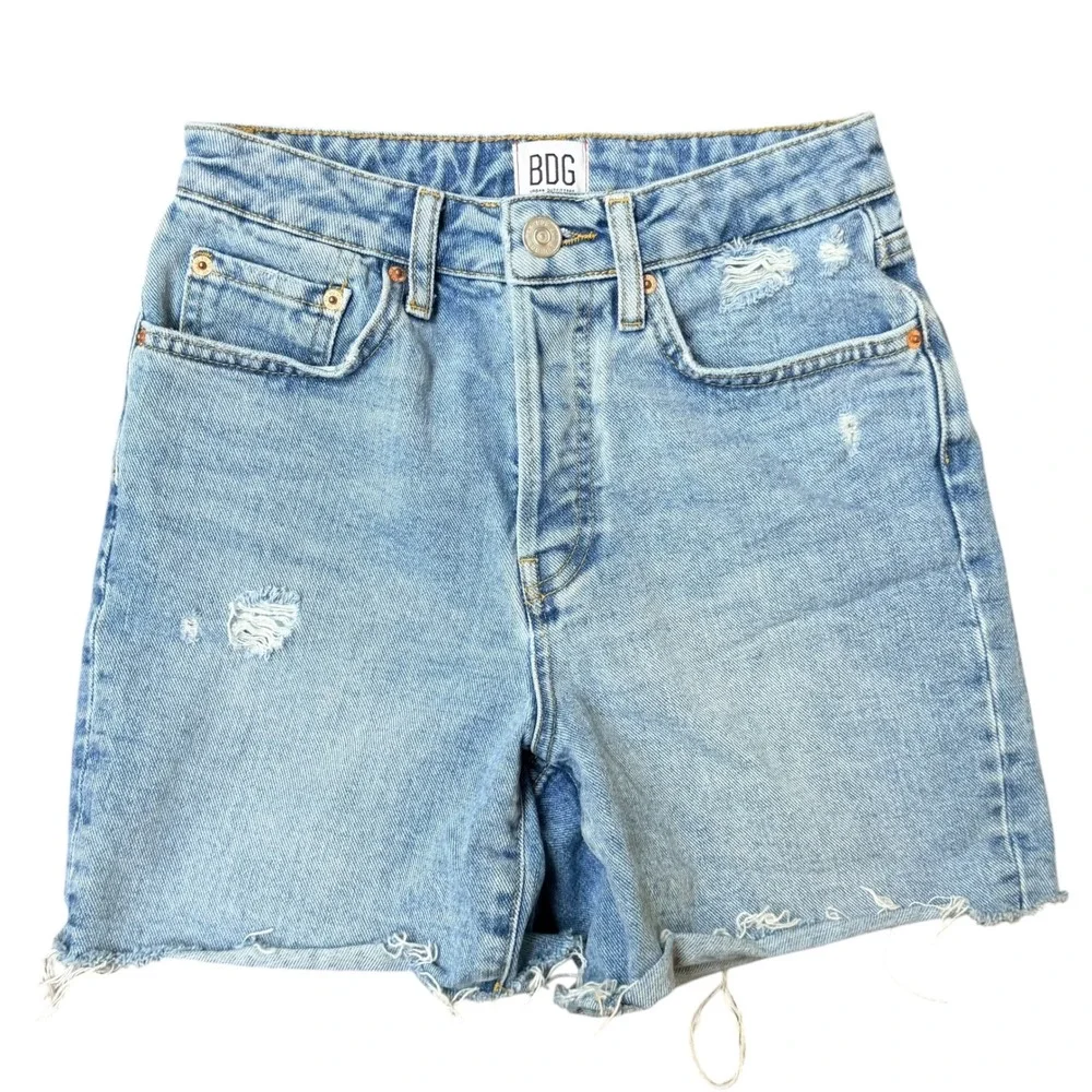 BDG 90s Long Inseam Shorts Women Size 26 Blue Distressed‎ Retro Festival Boho